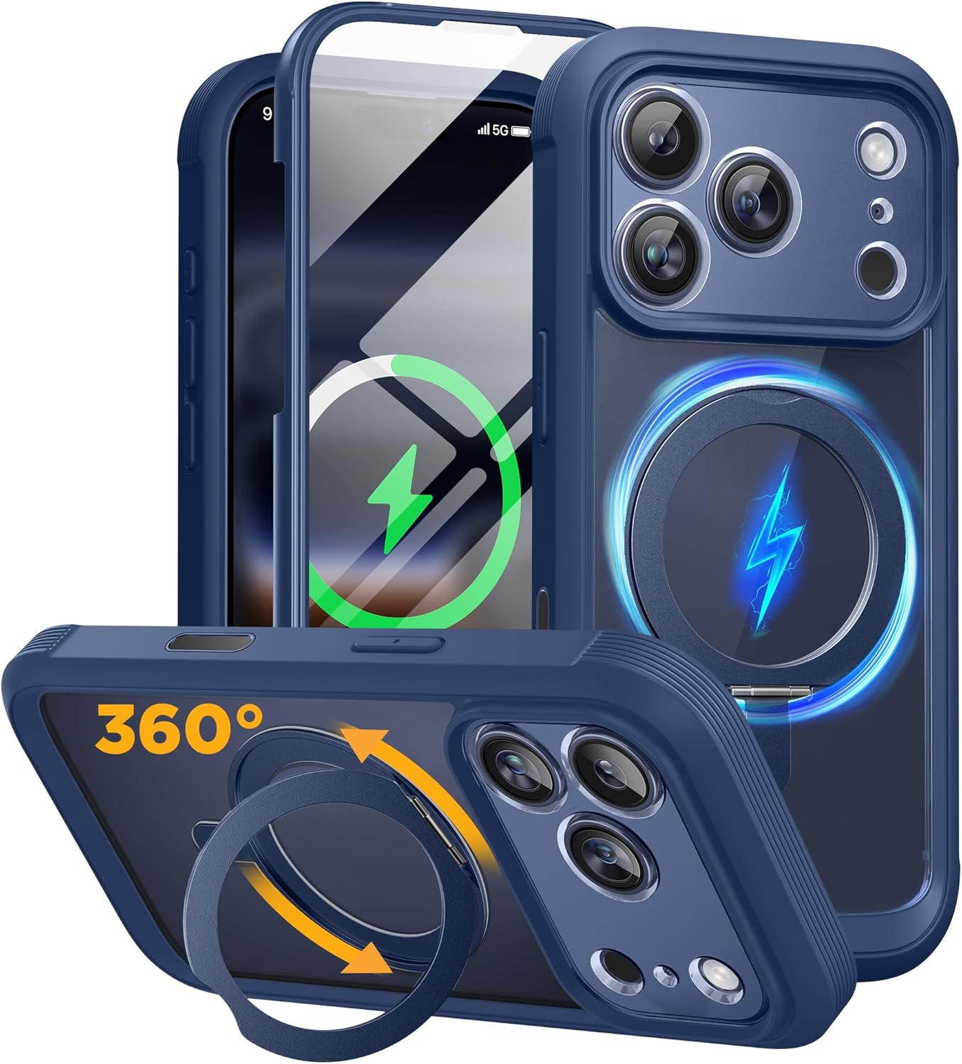 Miracase for iPhone 17 Pro Max Case with 360° Magnetic Ring Stand [Magnetic with Magsafe] Full-Body Drop Proof Bumper Phone Case with Built-in 11H Tempered Glass Screen Protector,Blue