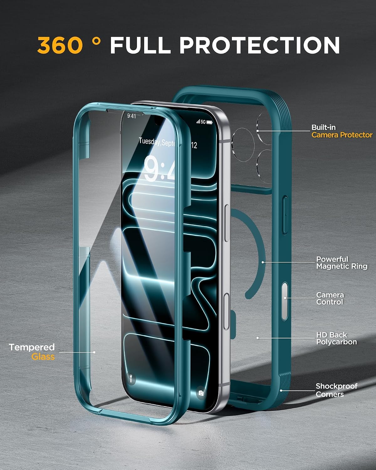 Miracase for iPhone 17 Pro Max Case 6.9" Full-Body Phone Case with Built-in Glass Screen Protector& Full Camera Protector,[Magnetic with MagSafe] Drop Proof 17 ProMax Cover, Green
