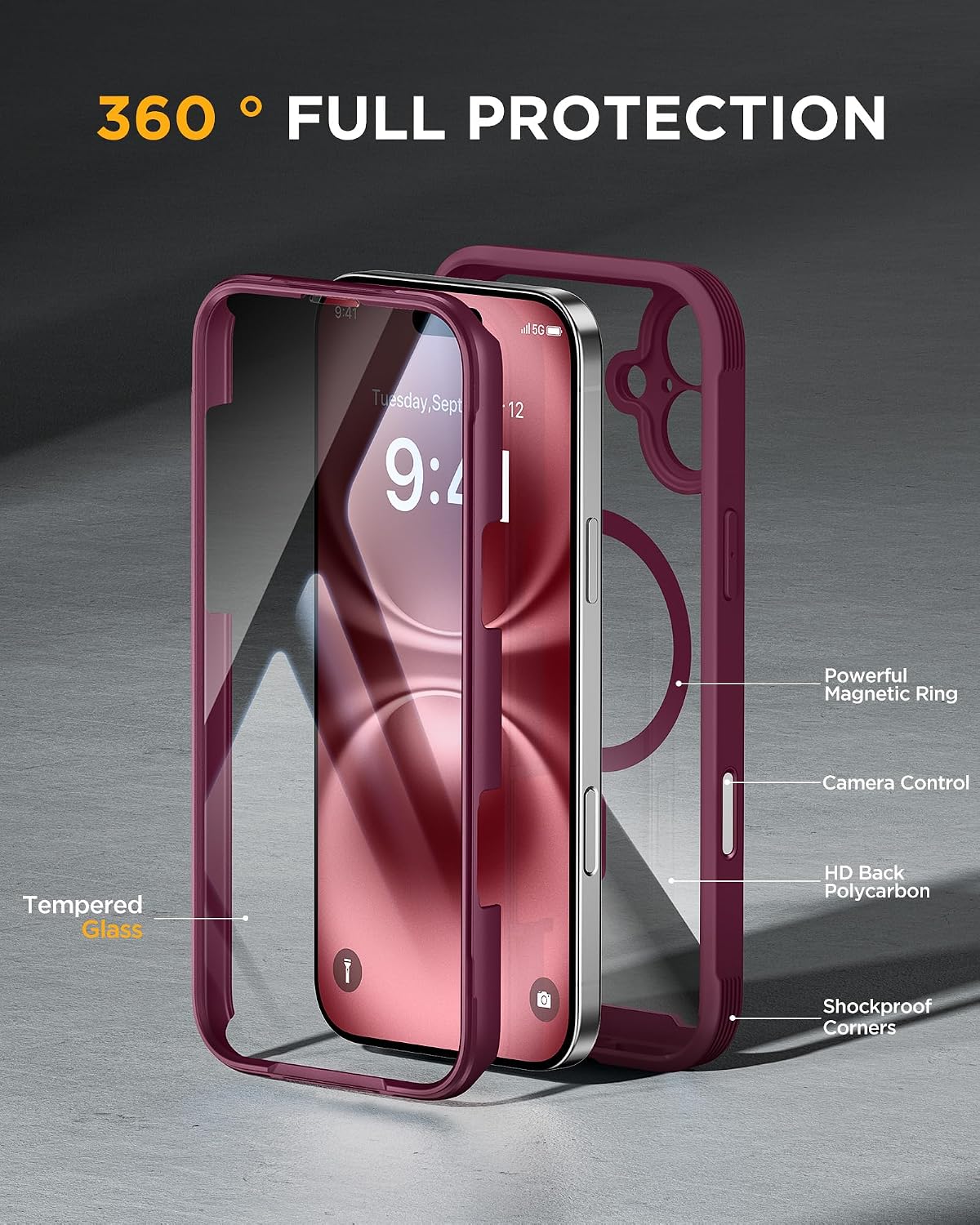 Miracase Magnetic for iPhone 16 Plus Case Full-Body Phone with Built-in Glass Screen Protector, [Compatible with MagSafe] Military Drop Proof 16 Plus Cover 6.7 inch, Plum