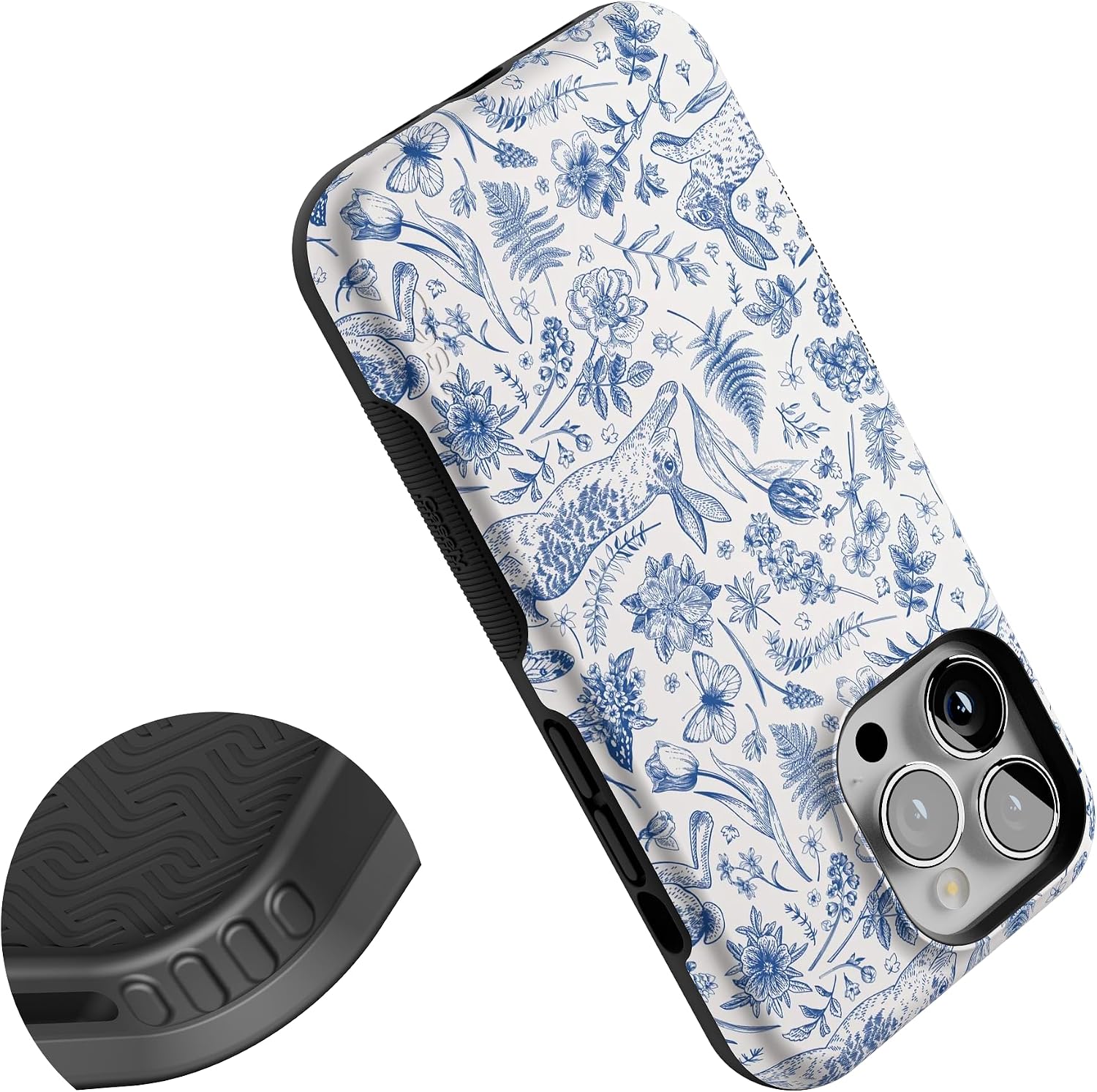 Casely iPhone 13 Pro Case | Blue Vintage Rabbits in Spring Flowers | Compatible with MagSafe | Bold Protective Design