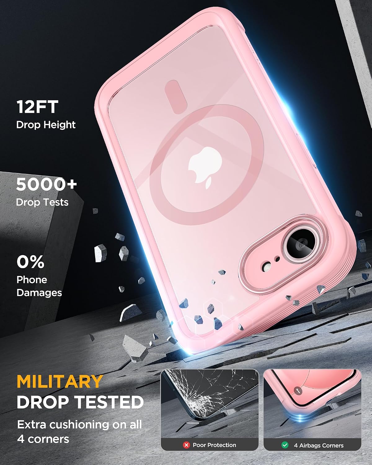 Miracase for iPhone 17e Case & iPhone 16e Case, Full-Body Phone with Built-in Glass Screen Protector, [Magnetic with MagSafe] Military Drop Proof 17 E/ 16 E Cover Bumper, Pink