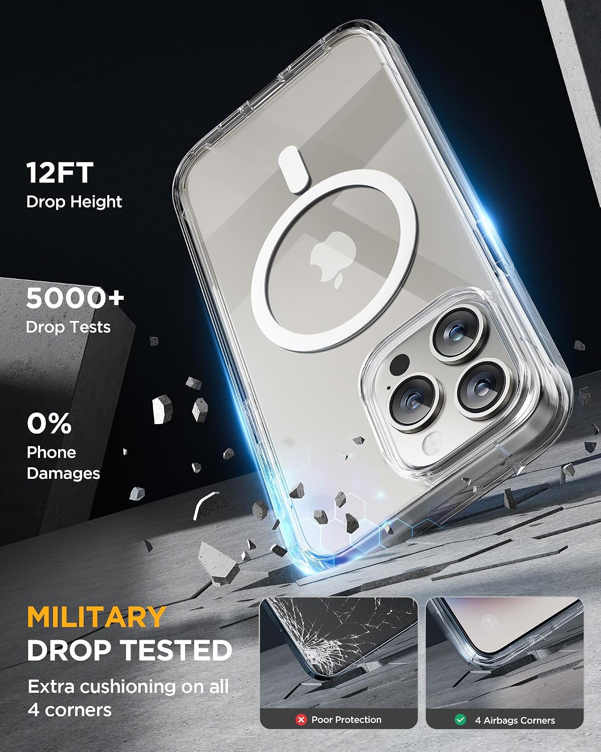 Miracase Magnetic for iPhone 15 Pro Case Full-Body Bumper Phone case with Built-in Glass Screen Protector& Camera Protector, [Compatible with MagSafe] Military Drop Proof 15 Pro Cover 6.1 inch,Clear