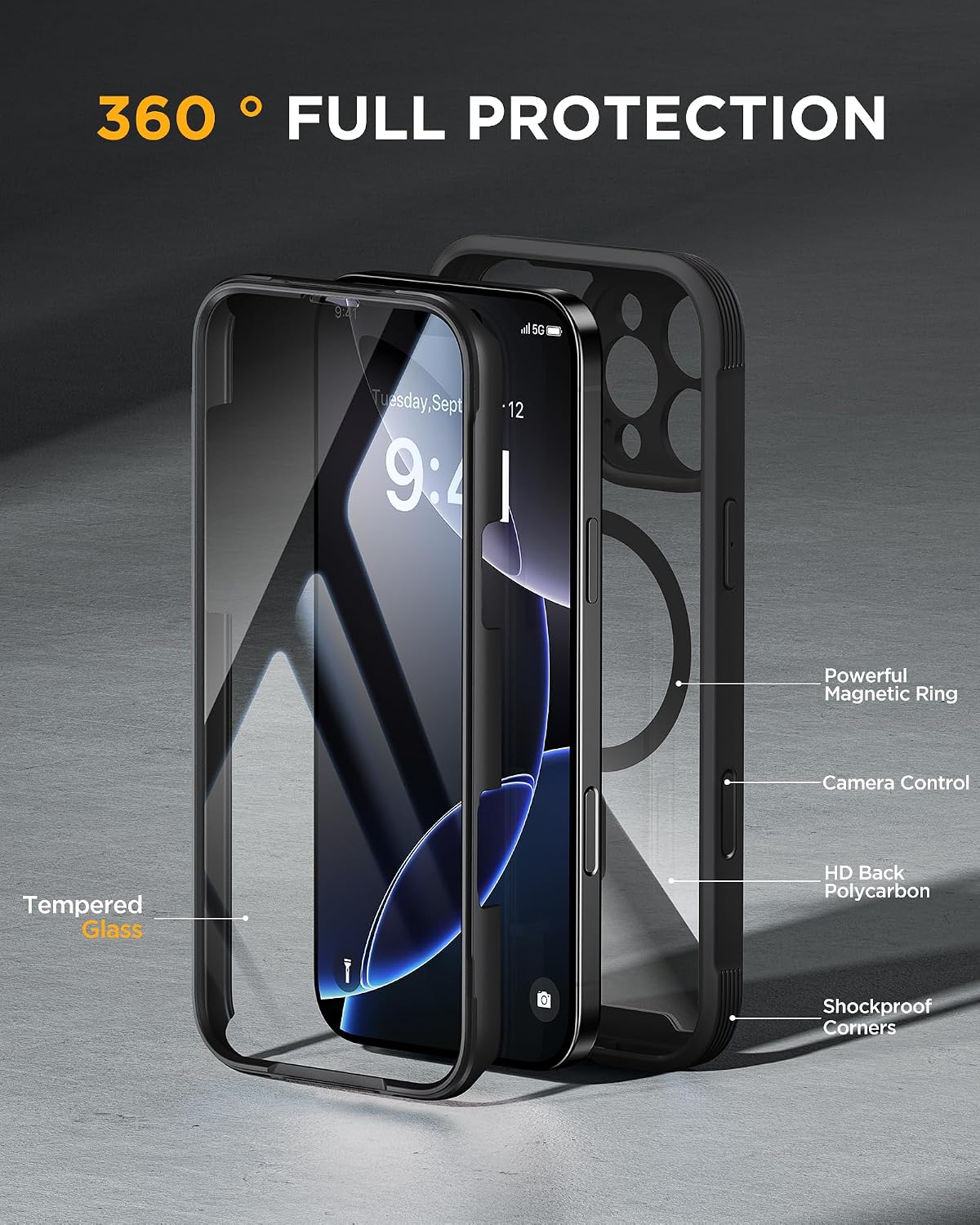 Miracase Magnetic for iPhone 16 Pro Case Full-Body Phone with Built-in Glass Screen Protector, [Compatible with MagSafe] Military Drop Proof 16 Pro Cover Bumper 6.3 inch, Black