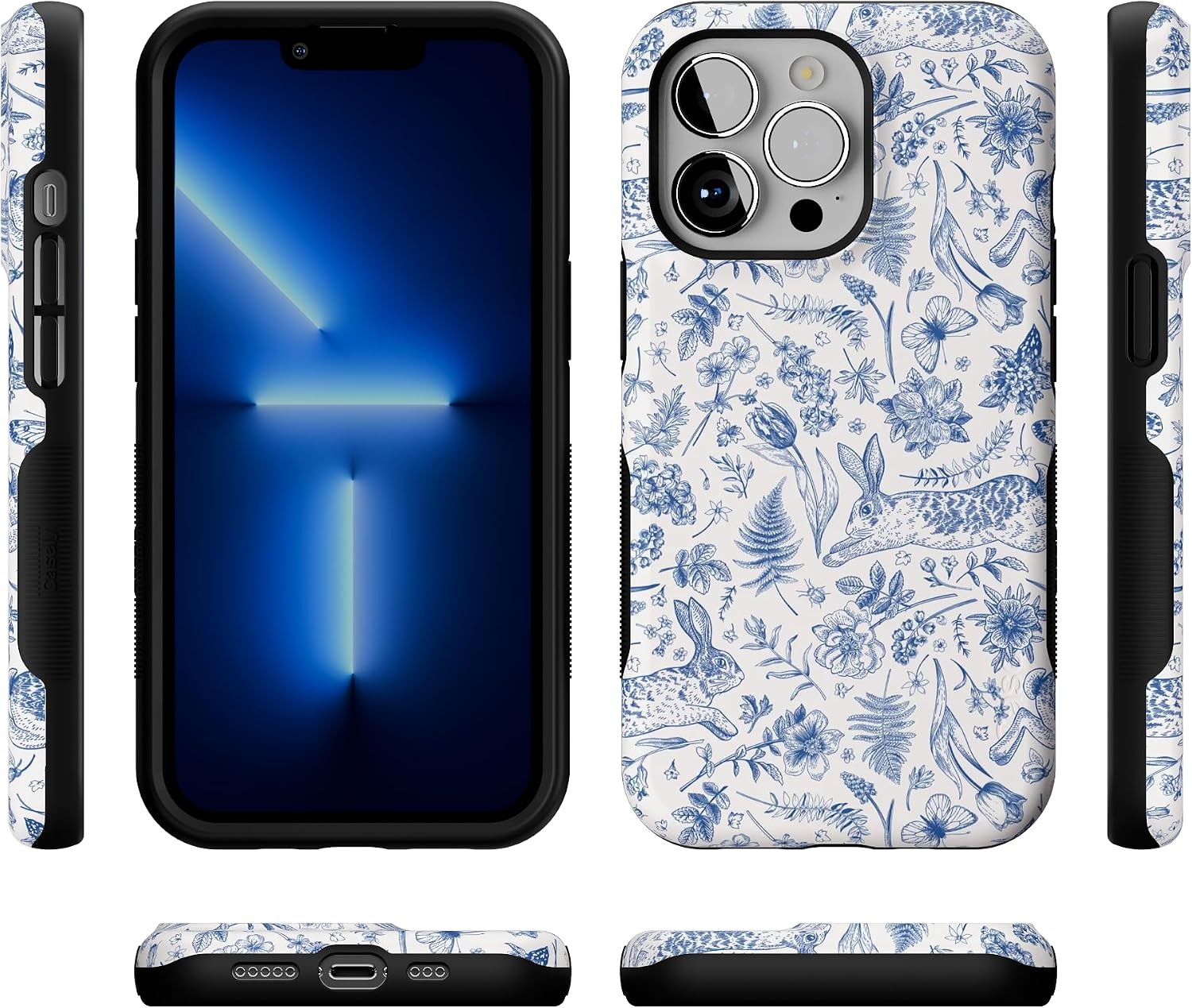Casely iPhone 13 Pro Case | Blue Vintage Rabbits in Spring Flowers | Compatible with MagSafe | Bold Protective Design