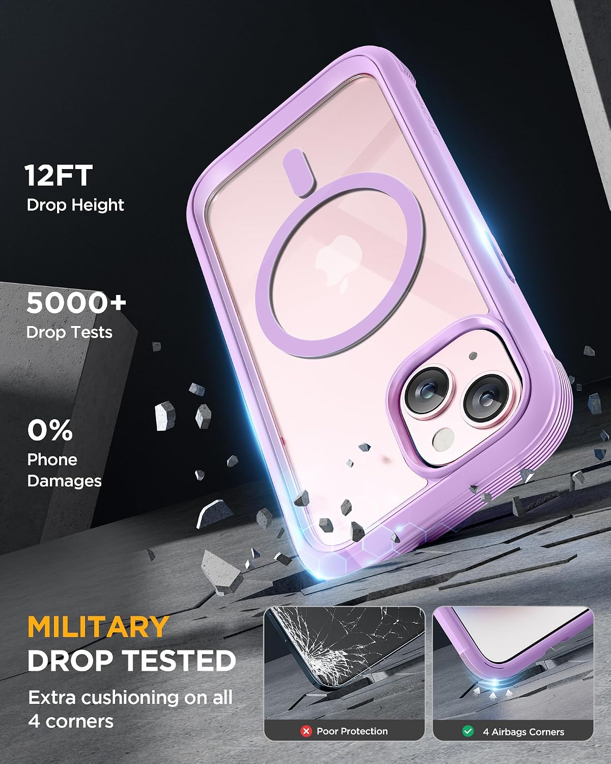 Miracase Glass Series for iPhone 15 Case [Compatible with MagSafe] Full-Body Magnetic Bumper Case with Built-in 9H Tempered Glass Screen Protector + Camera Lens Protector, Light Purple
