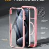 Miracase Magnetic for iPhone 15 Pro Case [Compatible with MagSafe] Full-Body Phone case with Built-in Glass Screen Protector& Camera Protector, Military Drop Proof 15 Pro Cover, Magnetic Pink