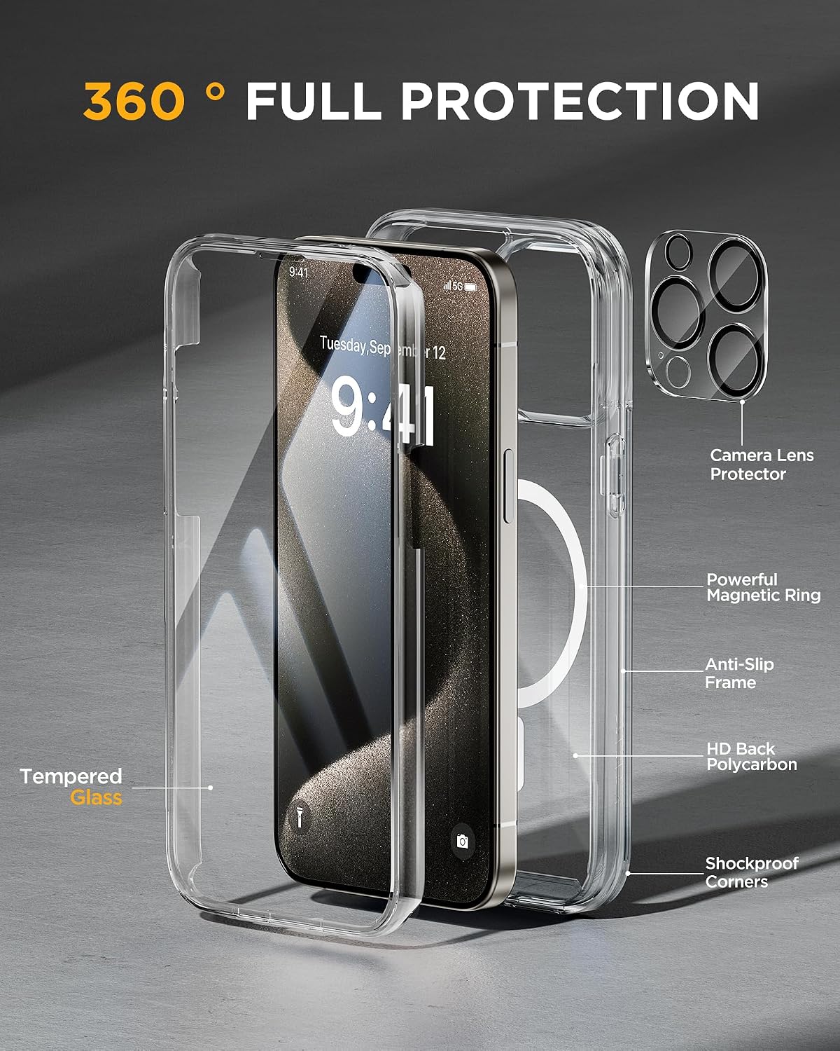 Miracase Magnetic for iPhone 15 Pro Case Full-Body Bumper Phone case with Built-in Glass Screen Protector& Camera Protector, [Compatible with MagSafe] Military Drop Proof 15 Pro Cover 6.1 inch,Clear