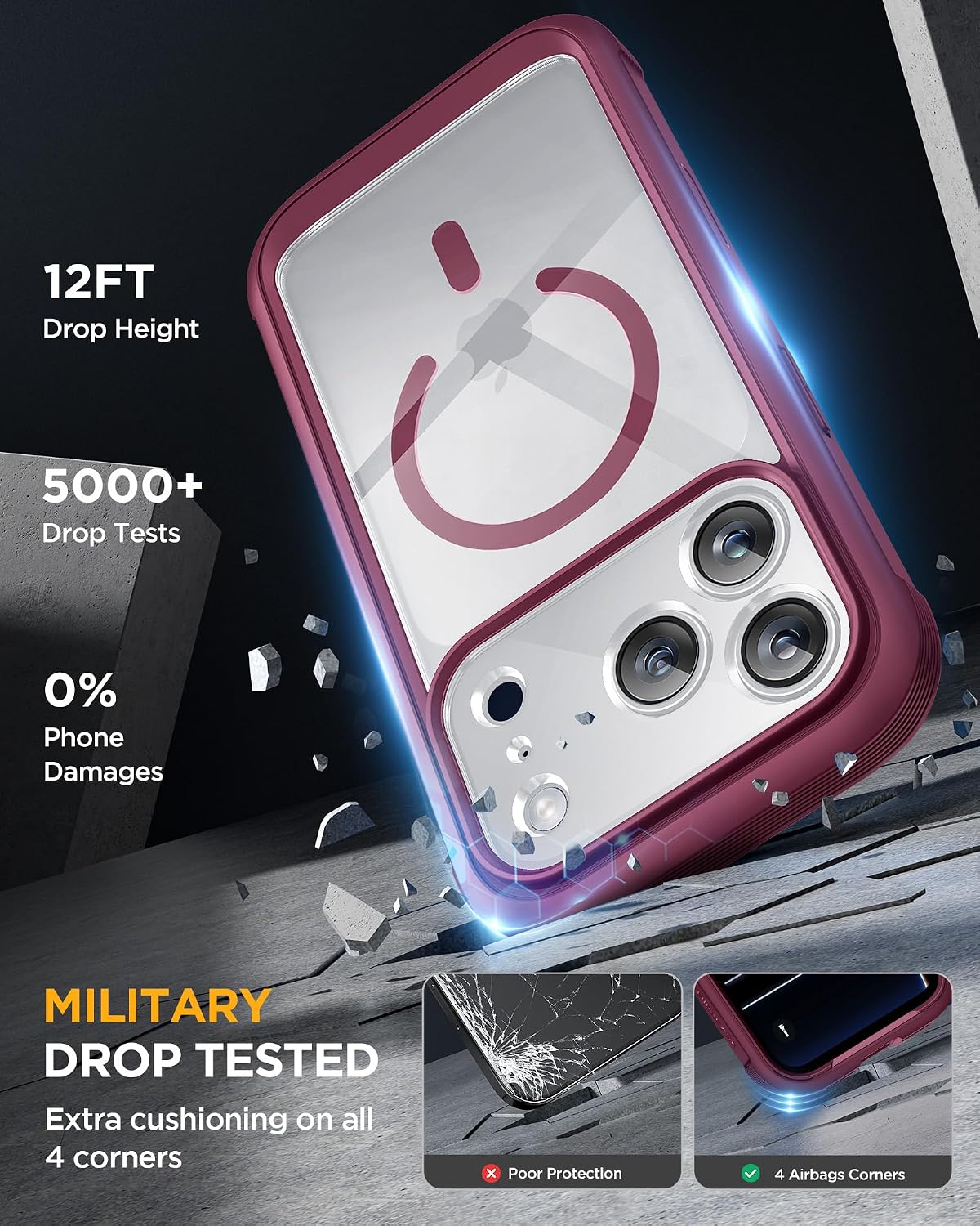 Miracase Magnetic for iPhone 17 Pro Case 6.3" [Compatible with MagSafe] Full-Body Phone Case with Built-in Glass Screen Protector & Camera Control,Drop Proof iPhone 17 Pro Cover, Deep Magenta