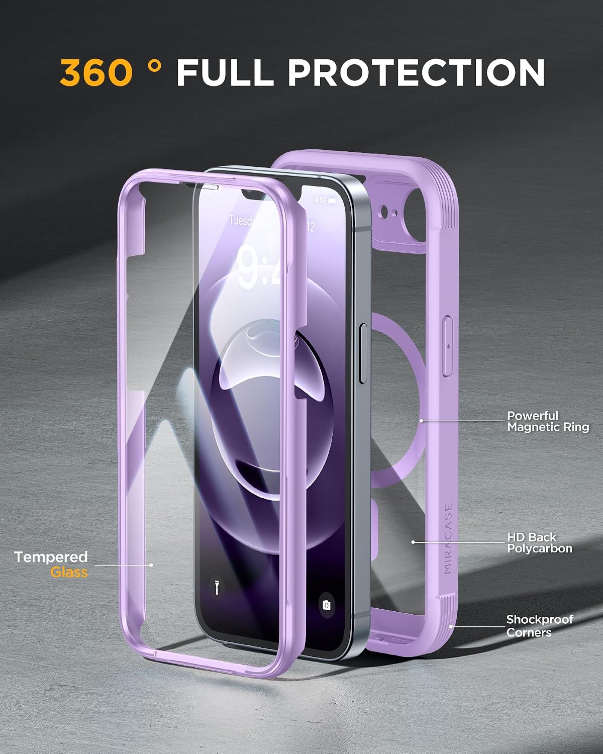 Miracase for iPhone 17e Case & iPhone 16e Case, Full-Body Phone with Built-in Glass Screen Protector, [Magnetic with MagSafe] Military Drop Proof 17 E/ 16 E Cover Bumper 6.1 inch, Purple