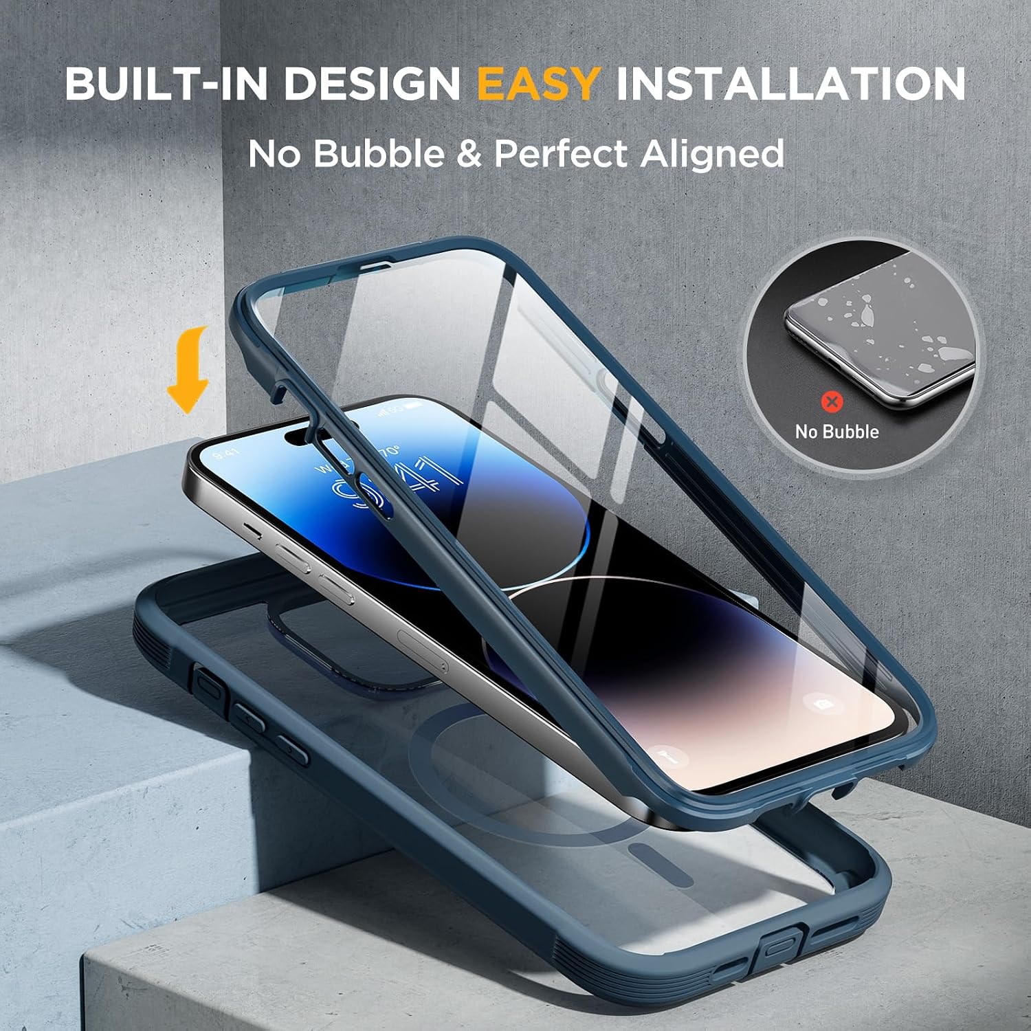 81paFwCxoLL._AC_SL1500_ Miracase Glass Series Designed for iPhone 14 Pro Max Case 6.7 Inch, Upgrade Full-Body Magnetic Case with Built-in 9H Tempered Glass Screen Protector, with Camera Lens Protector, Storm Blue
