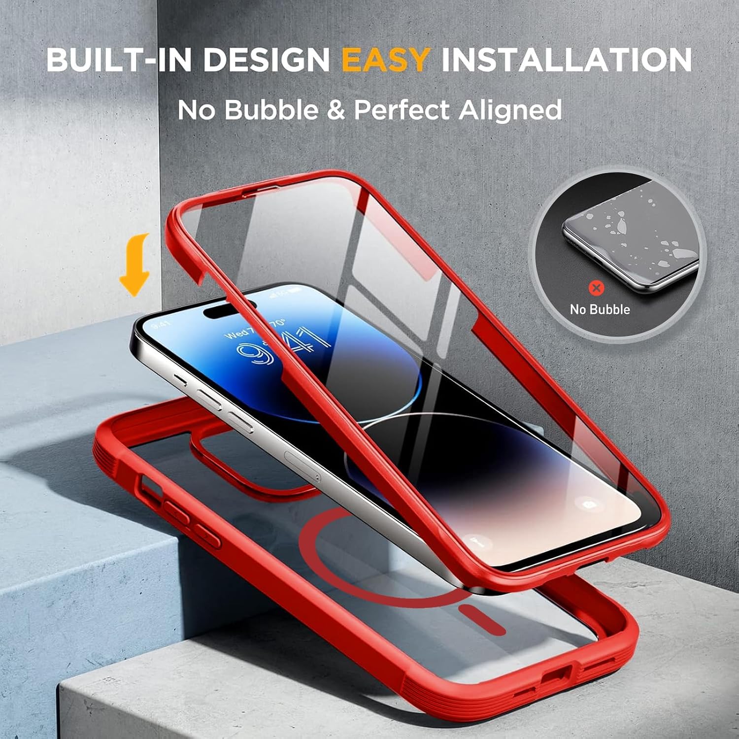 81rMyAaxKrL._AC_SL1500_ Miracase Magnetic for iPhone 14 Pro Max Case 6.7 inch, (Compatible with MagSafe) Upgrade Full-Body Clear Phone Bumper Case with Built-in 9H Tempered Glass Screen Protector, Magnetic Red