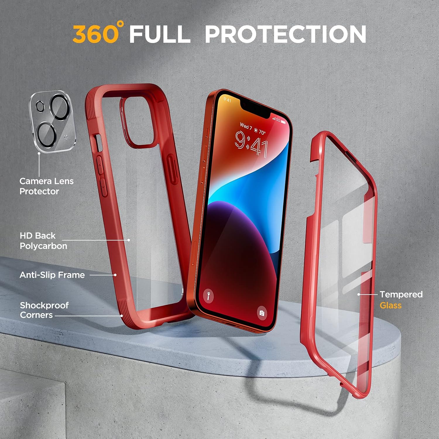 81s5FRsZn6L._AC_SL1500_ Miracase Glass Series Designed for iPhone 14 Case 6.1 inch, 2023 Upgrade Full-Body Clear Bumper Case with Built-in 9H Tempered Glass Screen Protector and Camera Lens Protector,Red