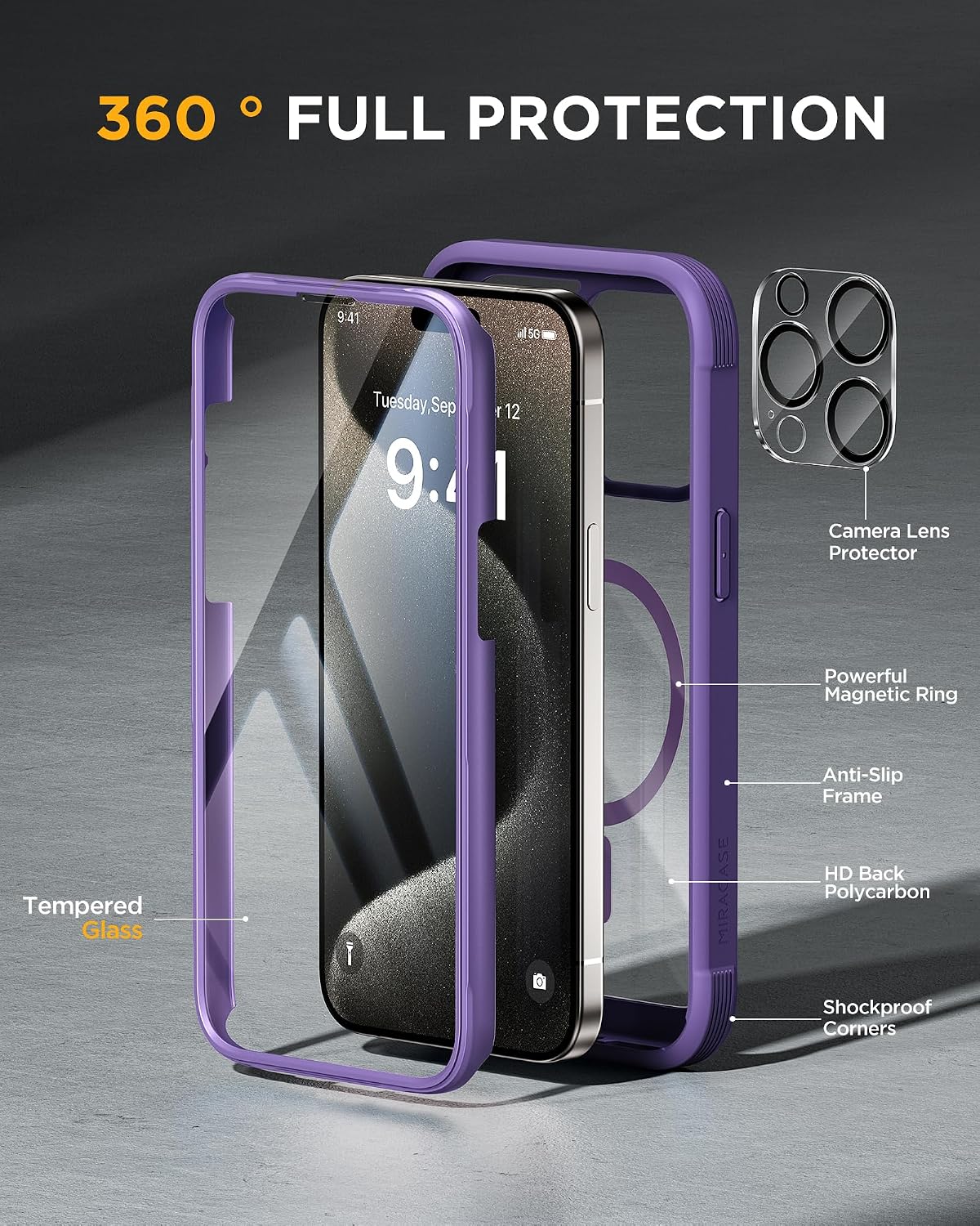 Miracase Magnetic for iPhone 15 Pro Max Case 6.7'' [Compatible with Magsafe] Full-Body Drop Proof Phone Case for iPhone 15 ProMax with Built-in 9H Tempered Glass Screen Protector,Magnetic Purple