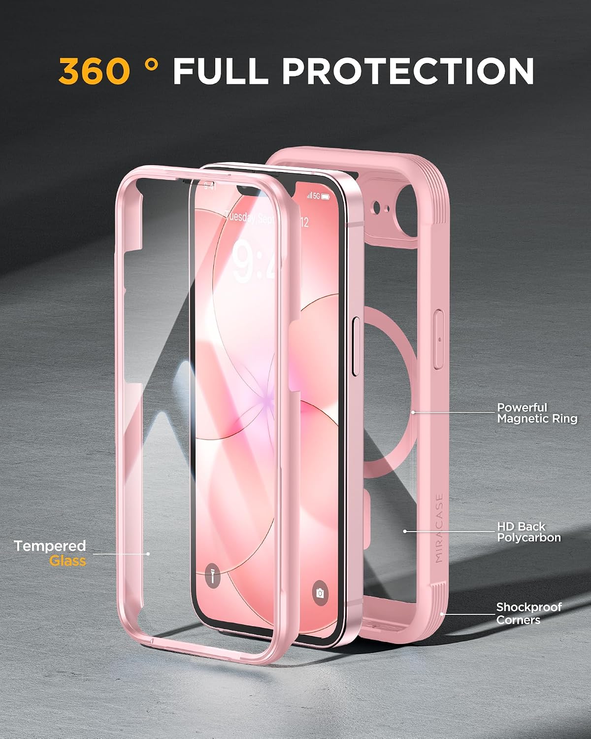 Miracase for iPhone 17e Case & iPhone 16e Case, Full-Body Phone with Built-in Glass Screen Protector, [Magnetic with MagSafe] Military Drop Proof 17 E/ 16 E Cover Bumper, Pink