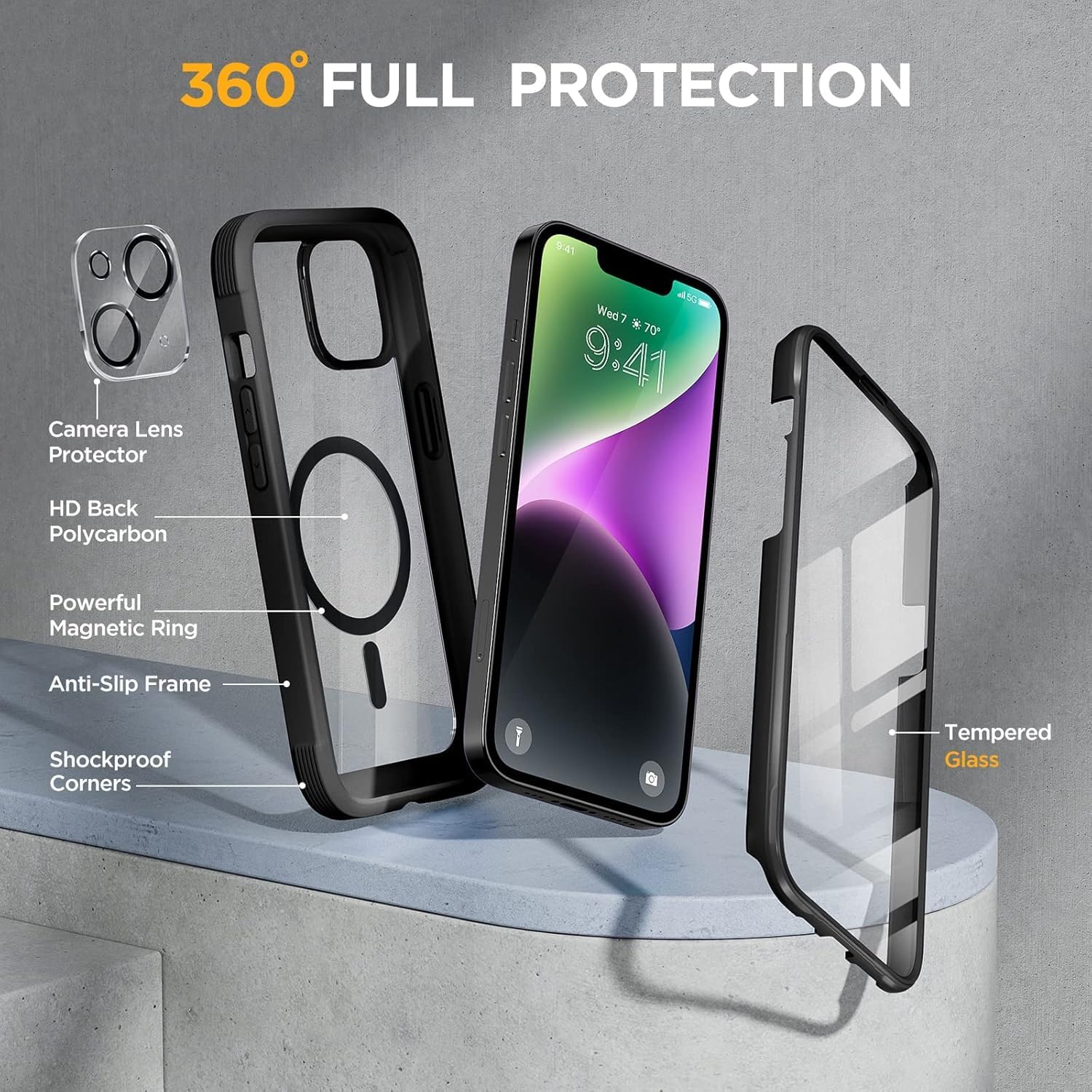 81svLKGIJpL._AC_SL1500_ Miracase Glass Series Designed for iPhone 14 Plus Case 6.7 inch, Upgrade Full-Body Magnetic Clear Case with Built-in 9H Tempered Glass Screen Protector,Compatible with MagSafe, Black