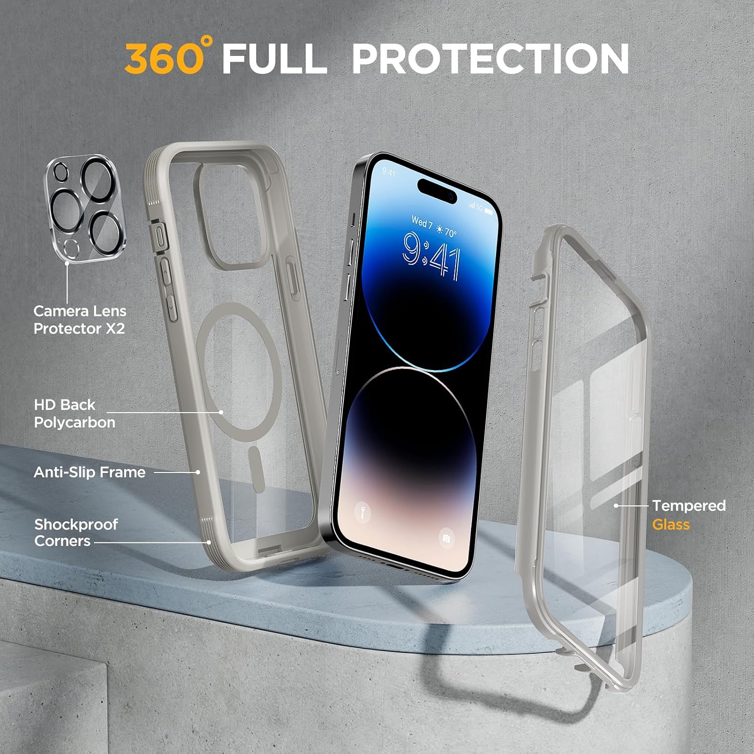 81uOO6epeL._AC_SL1500_ Miracase Glass Series Designed for iPhone 14 Pro Max Case 6.7 Inch, Upgrade Full-Body Magnetic Case with Built-in 9H Tempered Glass Screen Protector, with Camera Lens Protector, Magnetic Gray