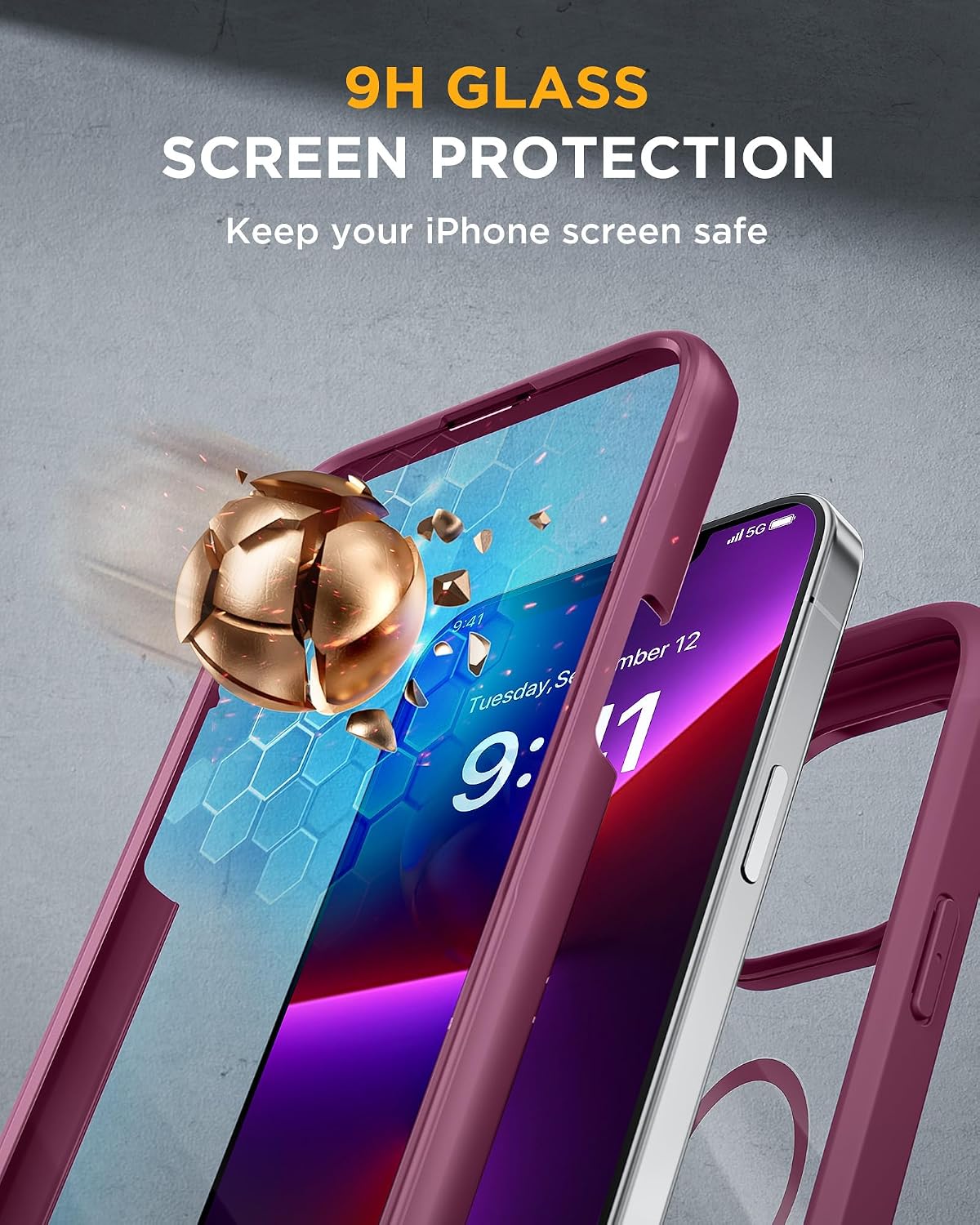 81ulJAyuAcL._AC_SL1500_ Miracase Magnetic for iPhone 13 Pro Max Case 6.7 inch, (Compatible with MagSafe) Upgrade Full-Body Clear Phone Bumper Case with Built-in 9H Tempered Glass Screen Protector, Magnetic Wine Red