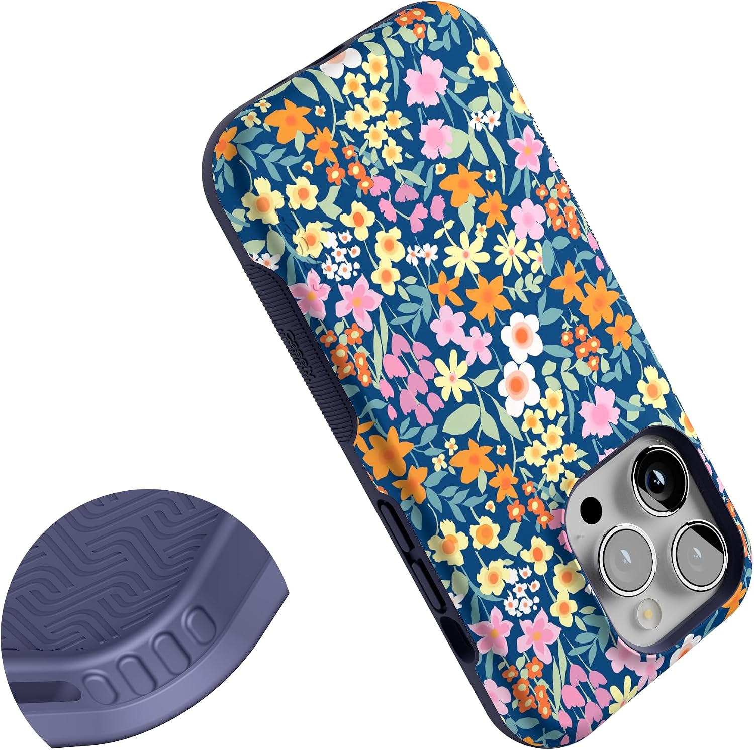 81vmbjSvYtL._AC_SL1500_ Casely iPhone 14 Pro Case | Full Bloom | Navy Floral | Bold Protective Design | Compatible with MagSafe