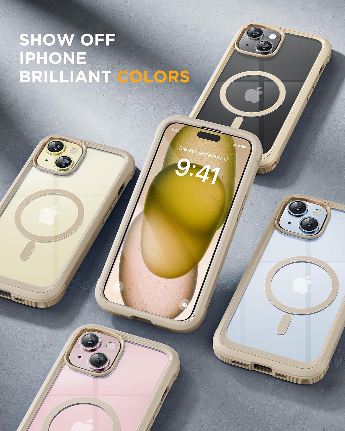 Miracase Glass Series for iPhone 15 Case [Compatible with MagSafe] Full-Body Magnetic Bumper Case with Built-in 9H Tempered Glass Anti-Fingerprint Screen Protector + Camera Lens Protector, Beige