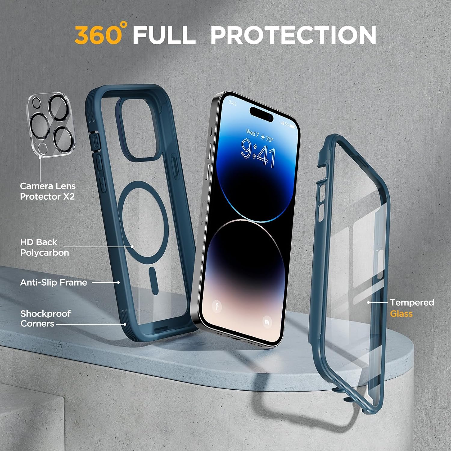 81wrIcAF9fL._AC_SL1500_ Miracase Glass Series Designed for iPhone 14 Pro Max Case 6.7 Inch, Upgrade Full-Body Magnetic Case with Built-in 9H Tempered Glass Screen Protector, with Camera Lens Protector, Storm Blue