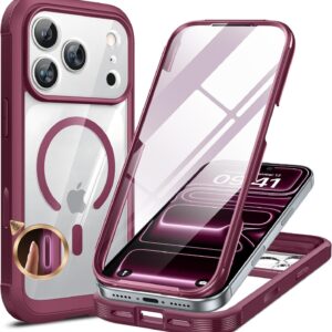 Miracase Magnetic for iPhone 17 Pro Case 6.3" [Compatible with MagSafe] Full-Body Phone Case with Built-in Glass Screen Protector & Camera Control,Drop Proof iPhone 17 Pro Cover, Deep Magenta