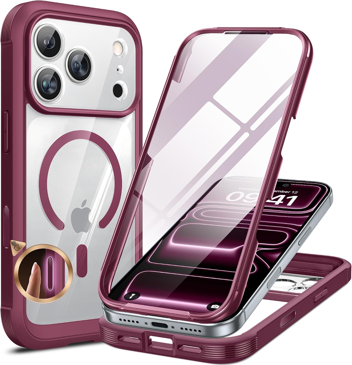 Miracase Magnetic for iPhone 17 Pro Case 6.3" [Compatible with MagSafe] Full-Body Phone Case with Built-in Glass Screen Protector & Camera Control,Drop Proof iPhone 17 Pro Cover, Deep Magenta
