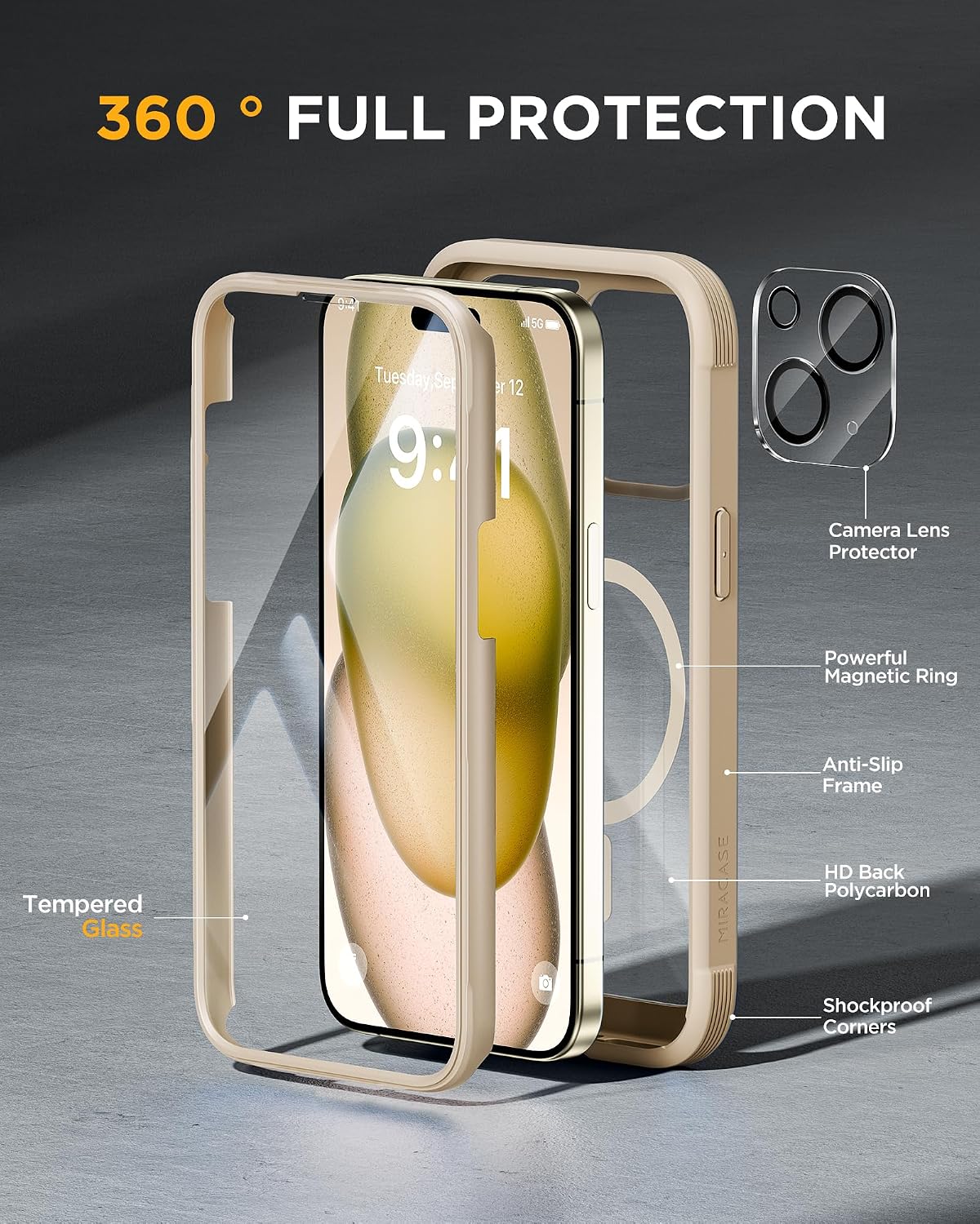 Miracase Glass Series for iPhone 15 Case [Compatible with MagSafe] Full-Body Magnetic Bumper Case with Built-in 9H Tempered Glass Anti-Fingerprint Screen Protector + Camera Lens Protector, Beige