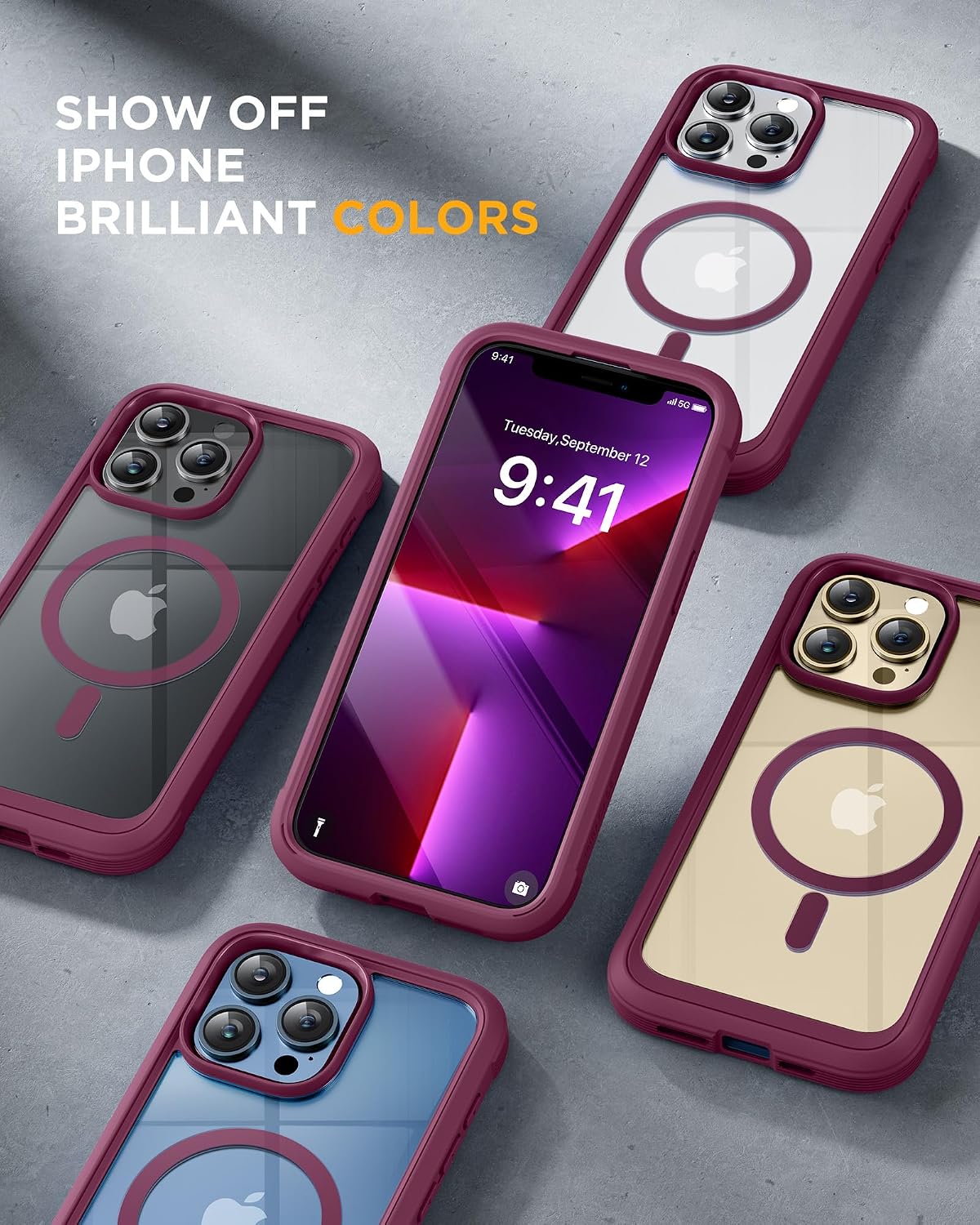 81ymmM3WJL._AC_SL1500_ Miracase Magnetic for iPhone 13 Pro Max Case 6.7 inch, (Compatible with MagSafe) Upgrade Full-Body Clear Phone Bumper Case with Built-in 9H Tempered Glass Screen Protector, Magnetic Wine Red