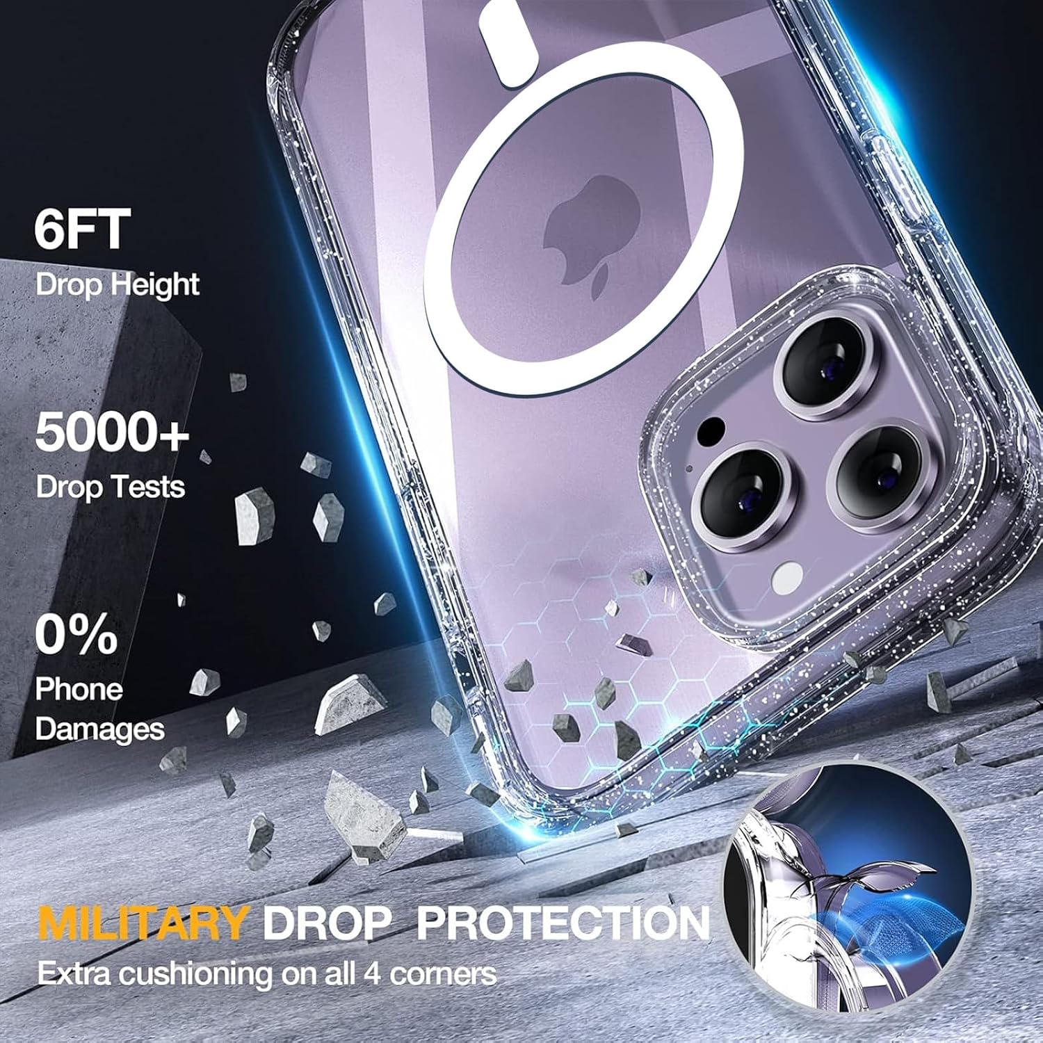 81zHCZpFdL._AC_SL1500_ Miracase Magnetic for iPhone 14 Pro Max Case 6.7 inch, (Compatible with MagSafe) Upgrade Full-Body Clear Phone Bumper Case with Built-in 9H Tempered Glass Screen Protector, Magnetic Glitter Clear
